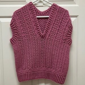 Handmade knit V-neck sweater vest or top, pink, size XL